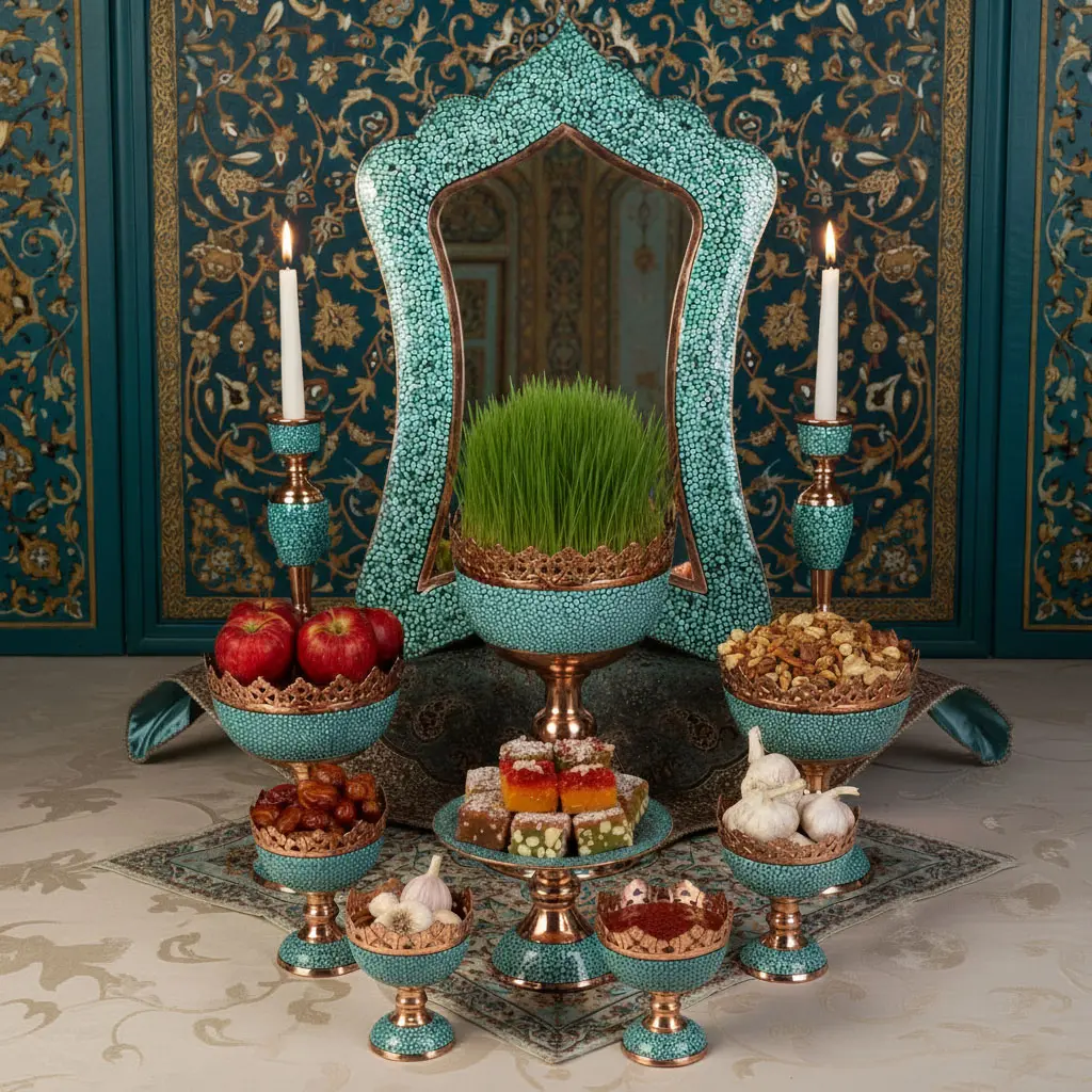 Handmade Firoozeh Koobi Turquoise on Copper Haft Sin Set– Luxury Norooz Decoration