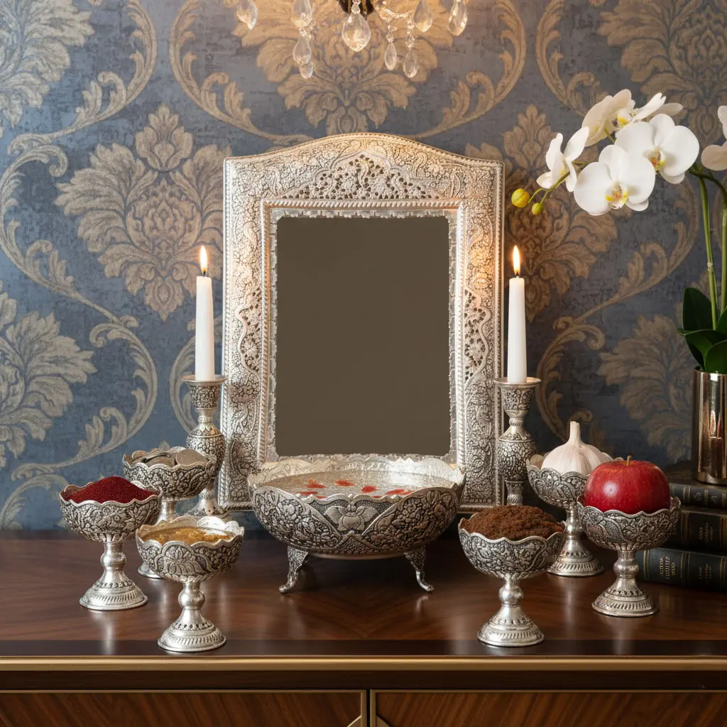 Handmade Ghalamzani Silver Plated Haft-Sin Set for Nowruz